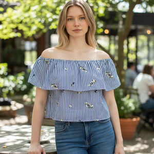 Lucy Paris off shoulder striped embroidered top NWT blue white stripe